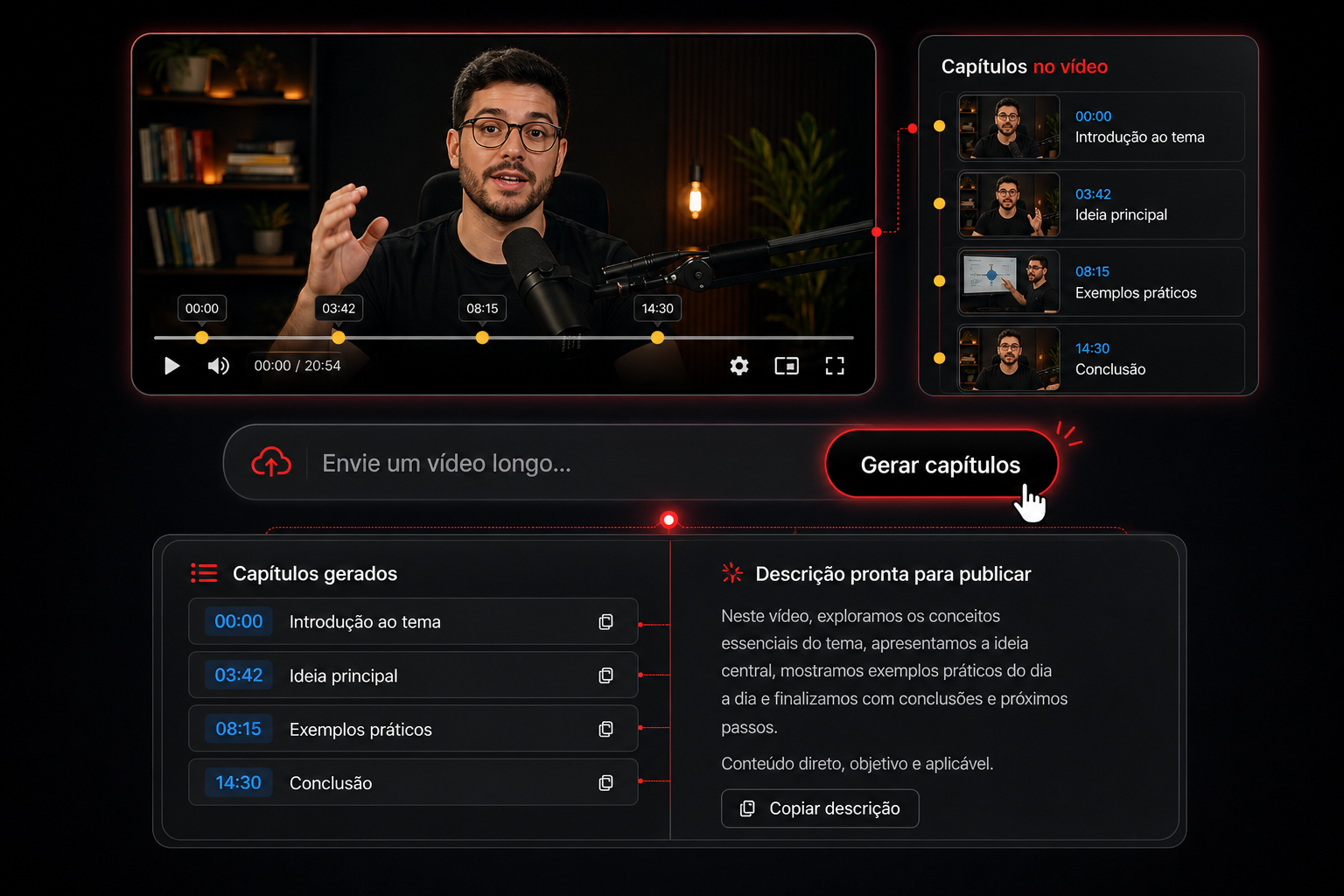 Transcryptor gerando capítulos com timestamps no vídeo