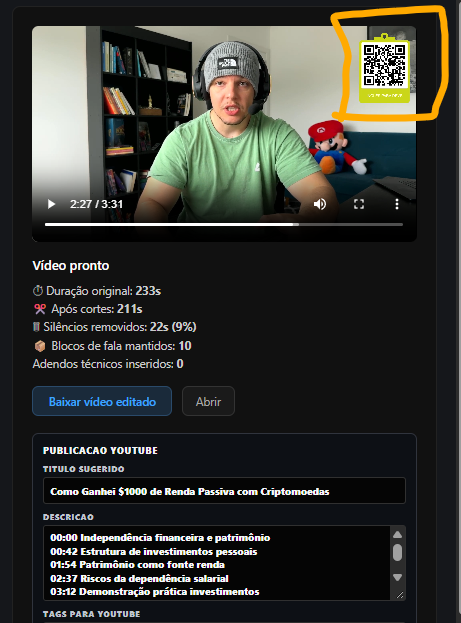 Vídeo editado no Transcryptor com um QR code de divulgação no canto superior direito